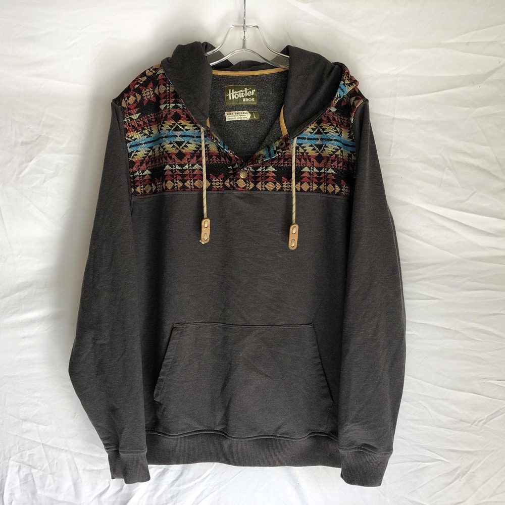 Howler Bros Hoodie Mens Large Gray Aztec Print Fleece Pullover Kangaroo Pocket